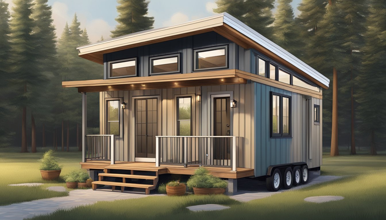 A tiny house with a sloped roof, large windows, and a front porch with a small overhang. A ladder leads to a loft area