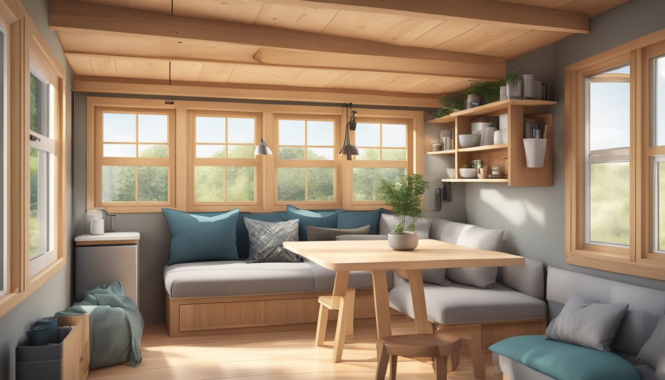 A cozy 4x4m tiny house with a loft bed, compact kitchen, fold-out table, and storage solutions. Bright natural light streams in through large windows