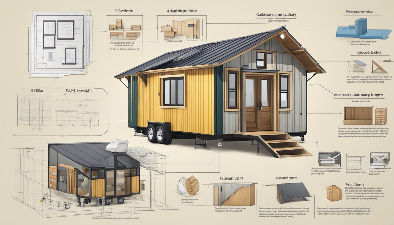 A 4x4m tiny house with detailed cost analysis charts and diagrams displayed on a table. Surrounding the house are various construction materials and tools