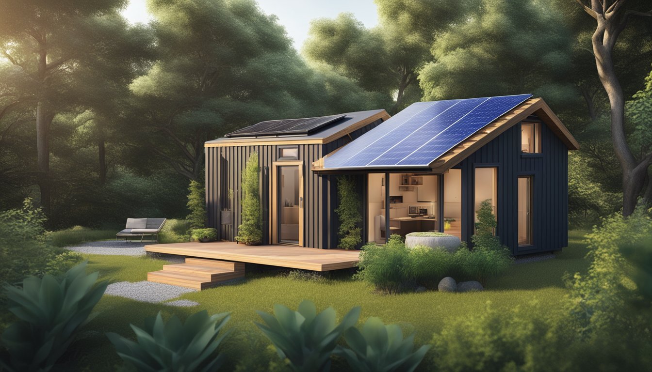 A 4x4m tiny house nestled among lush greenery, with solar panels on the roof and a small garden outside