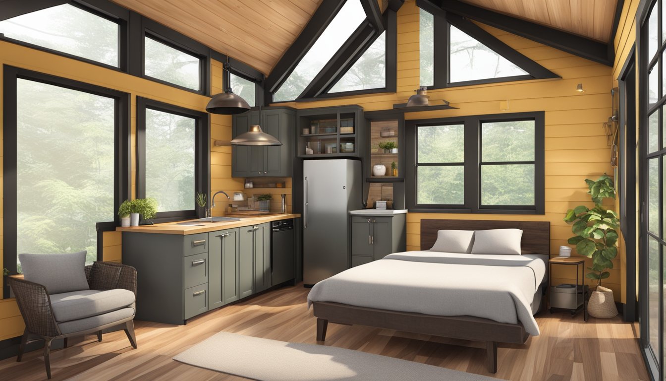 A cozy 450 sq ft tiny house with a loft bedroom, large windows, and a wrap-around porch nestled in a wooded area