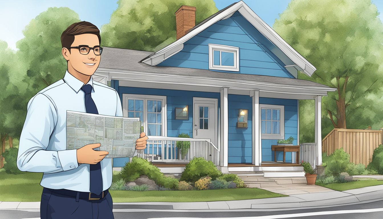 A person holding a blueprint of a small house, standing in front of a real estate office with a "For Sale" sign