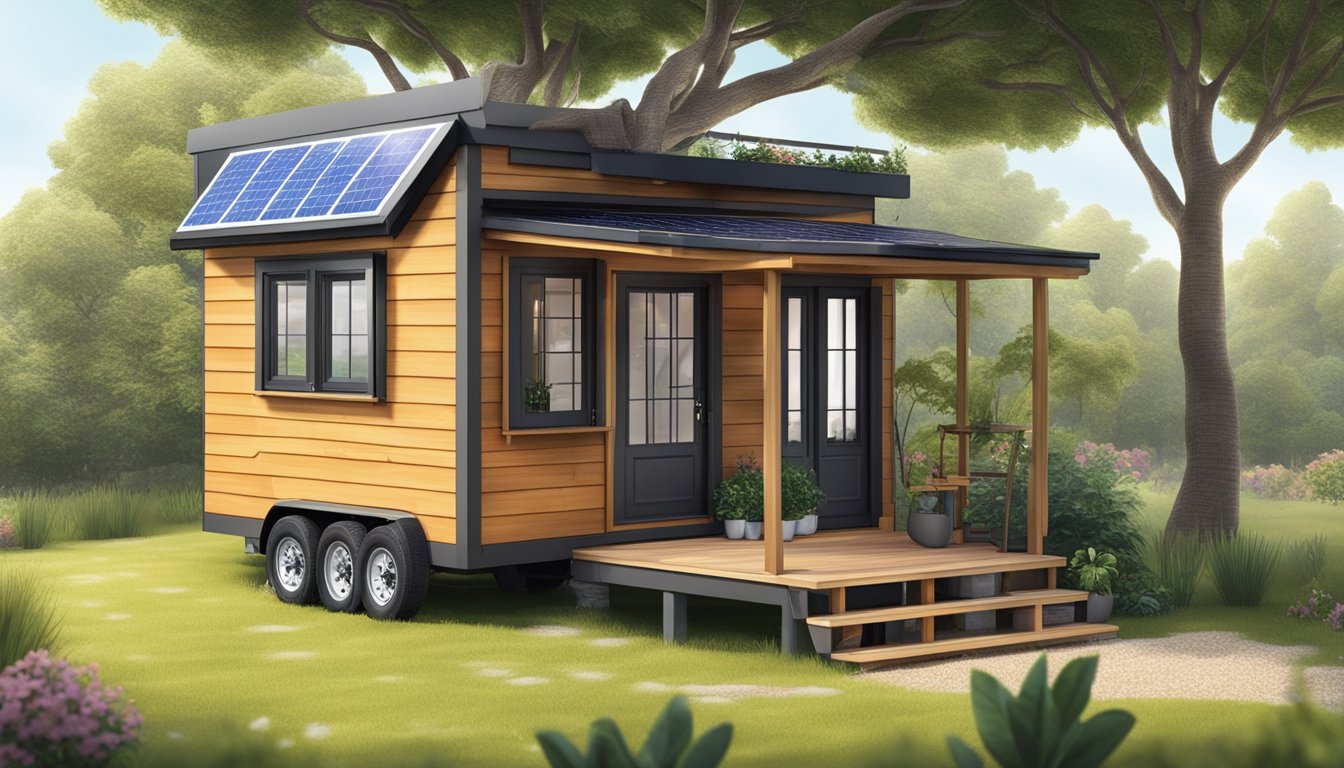 A 4x4m tiny house with solar panels, a small garden, and a hammock hanging between two trees