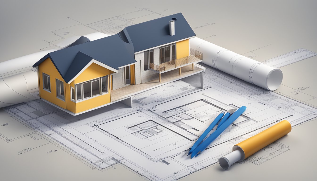 A small house blueprint with dimensions and cost estimates laid out on a table, surrounded by architectural tools and materials