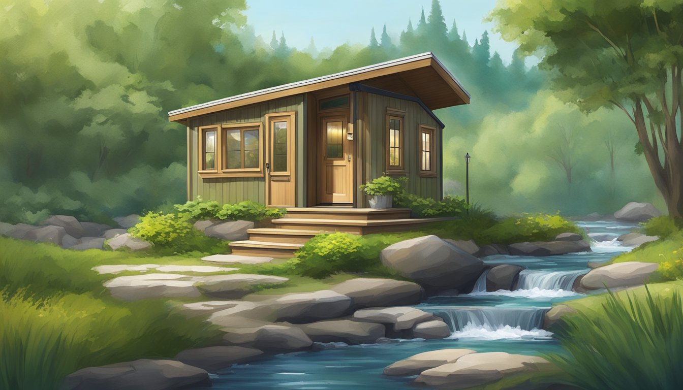 A 450 sq ft tiny house nestled in a tranquil setting, surrounded by lush greenery and bordered by a clear, flowing stream