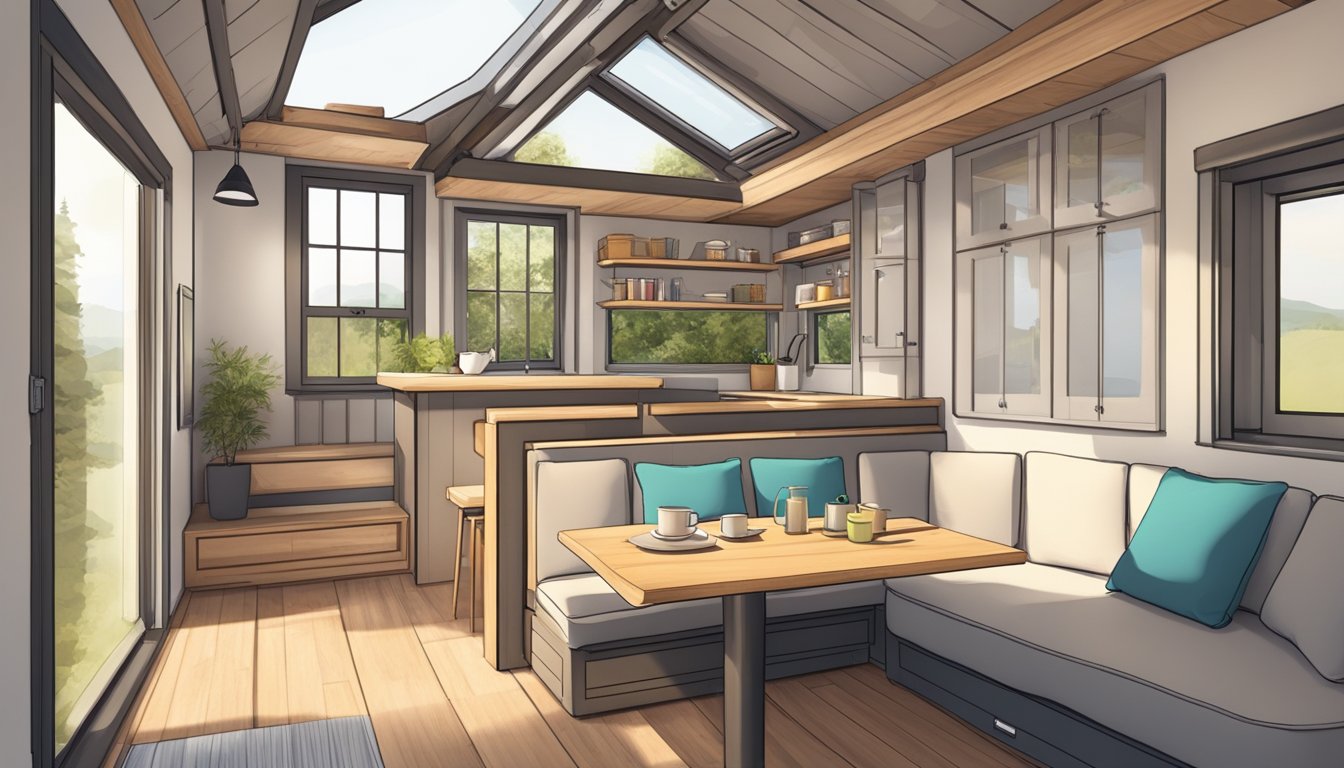 A cozy tiny house interior with space-saving furniture, a fold-out dining table, a convertible sofa bed, and built-in storage solutions