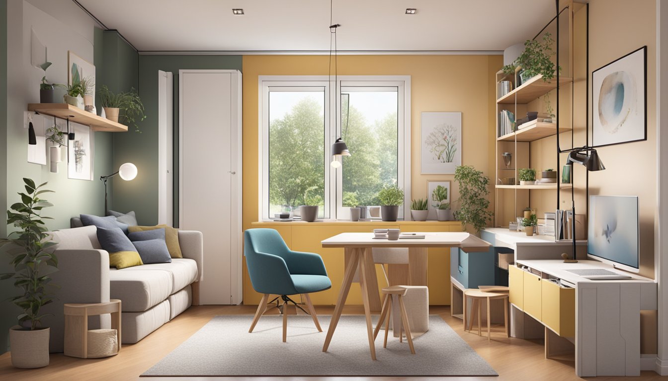 A cozy, multifunctional living space with foldable, space-saving furniture and clever storage solutions