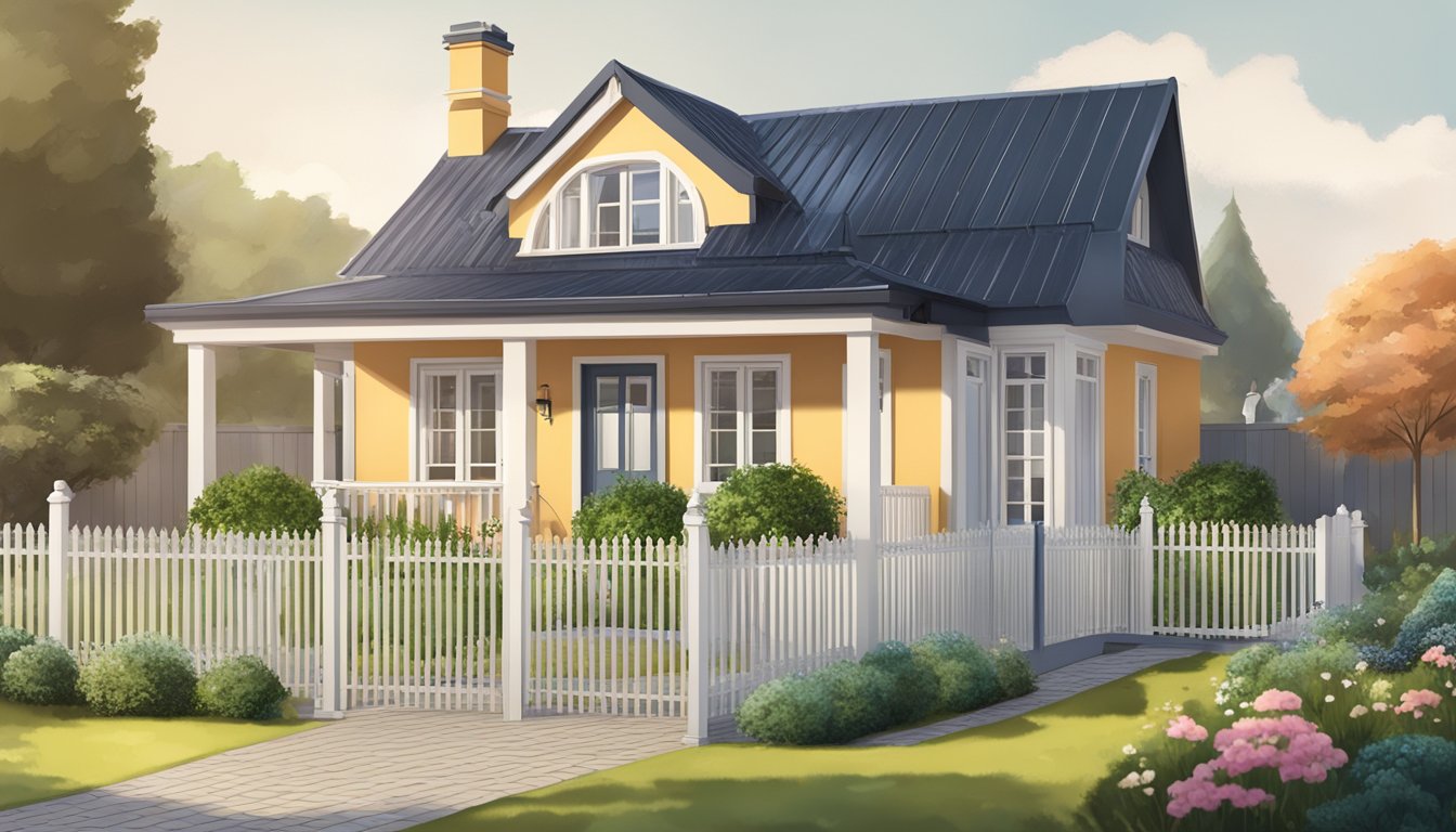 A small 90m2 house with a pitched roof and a front porch, surrounded by a garden and a picket fence