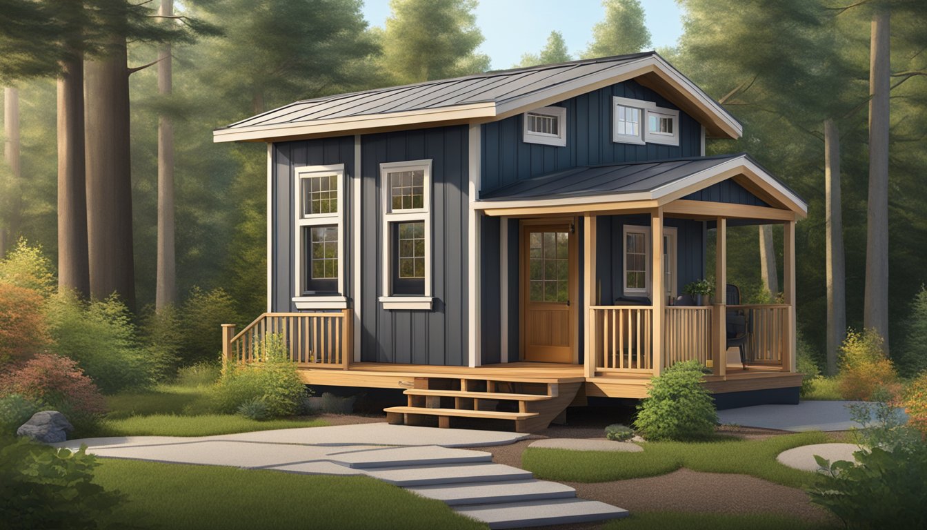 A cozy 12x20 tiny house with a sloped roof, large windows, and a front porch nestled in a lush, wooded setting