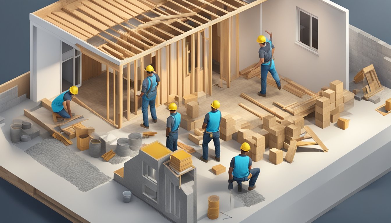 A small house under construction, with workers and materials on site. A budgeting plan visible on a table