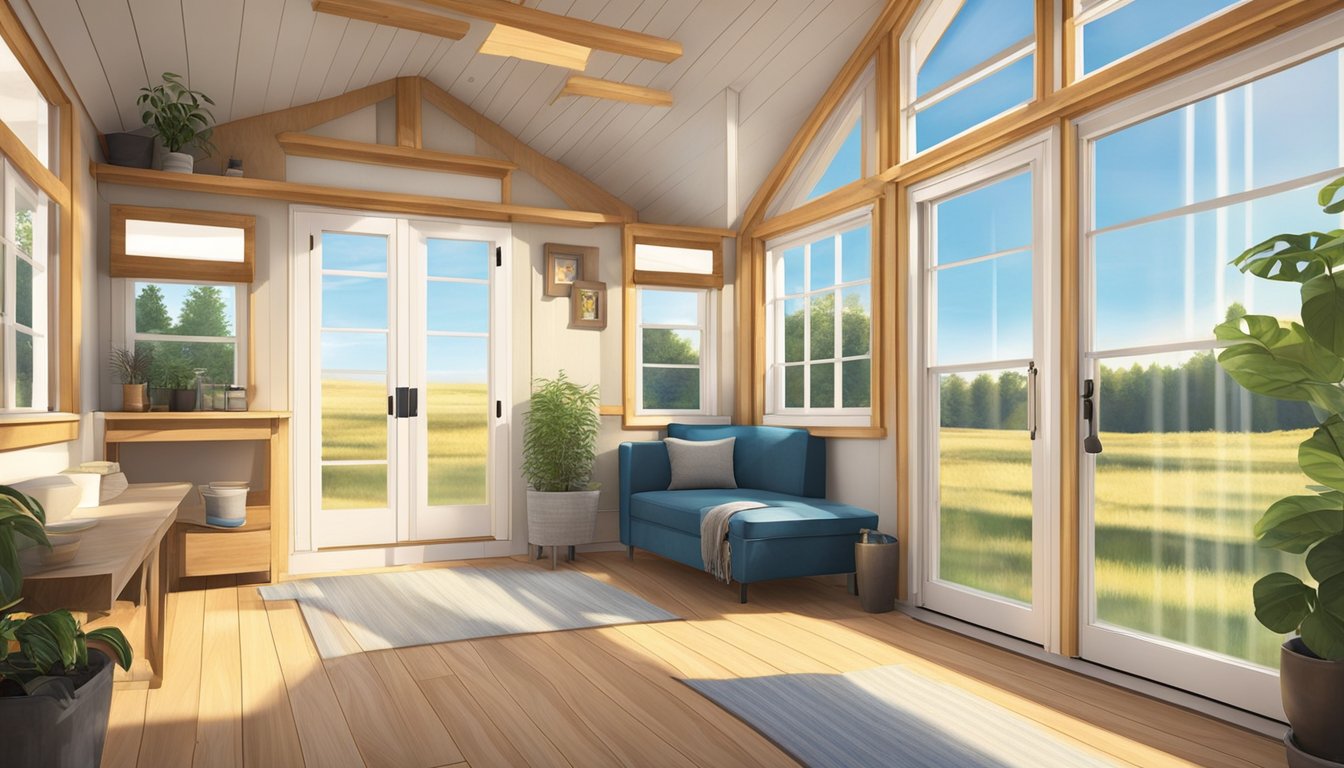 Sunlight streams through the large windows of a 12x20 tiny house, casting warm natural light on the interior space