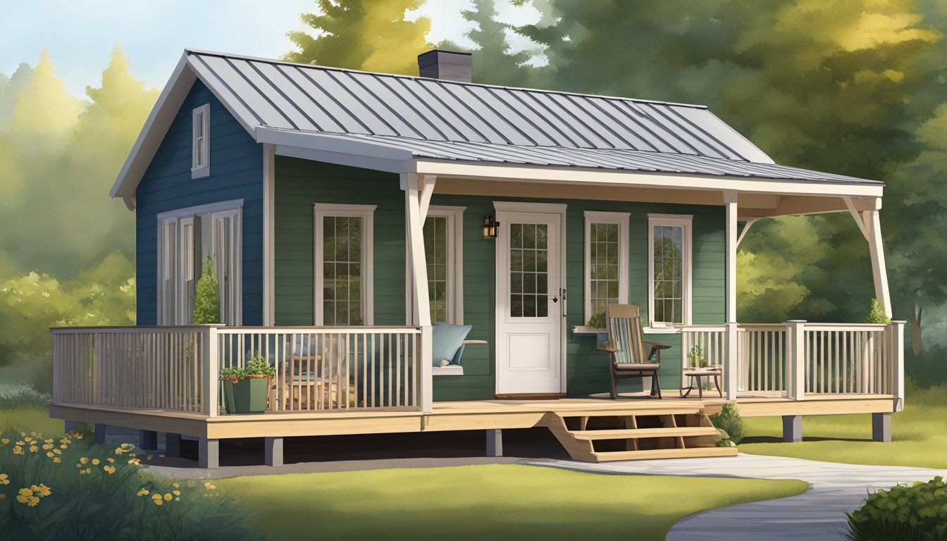 A 12x20 tiny house with a gabled roof, large windows, a front porch, and a small outdoor living area with a table and chairs