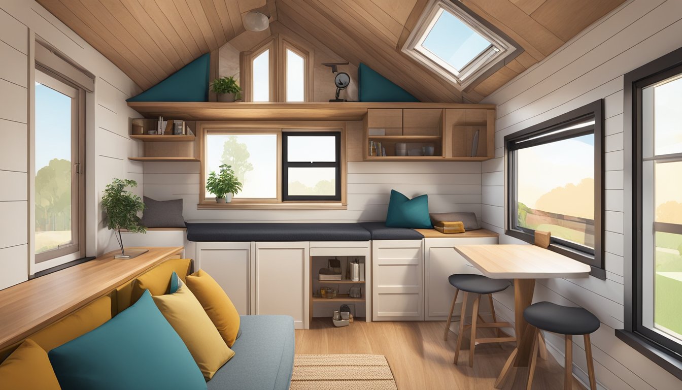 A cozy tiny house interior with custom-built furniture solutions maximizing space and functionality