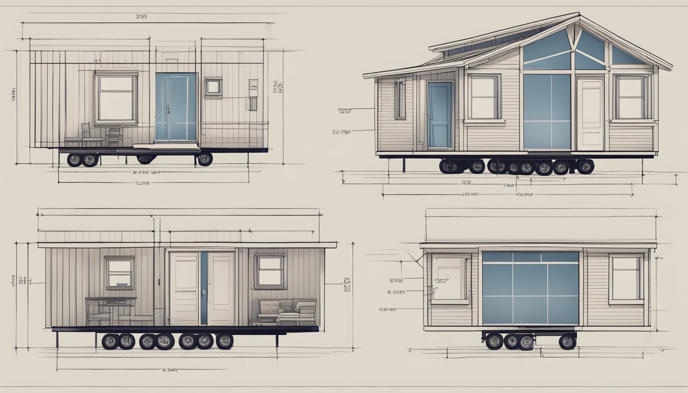 A tiny house blueprint with dimensions and cost breakdown on a desk