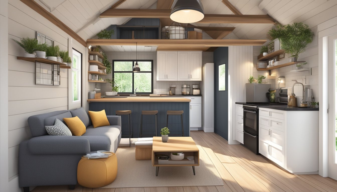 A small, cozy tiny house with 900 square feet of living space. The house features a well-designed layout with functional and efficient use of space