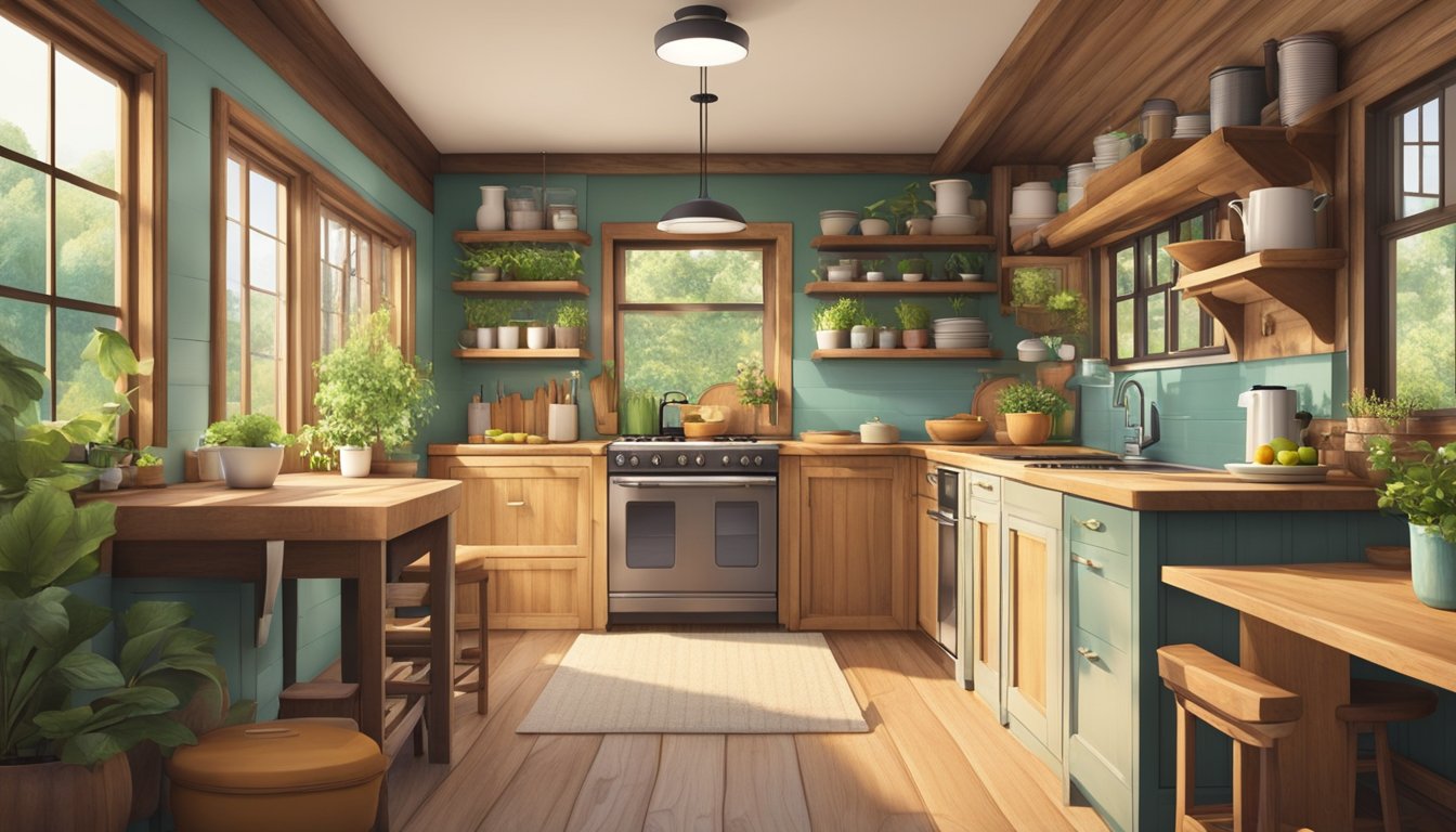 A cozy tiny house kitchen with rustic wooden cabinets, vintage-inspired appliances, and a small dining area by a large window overlooking a lush garden