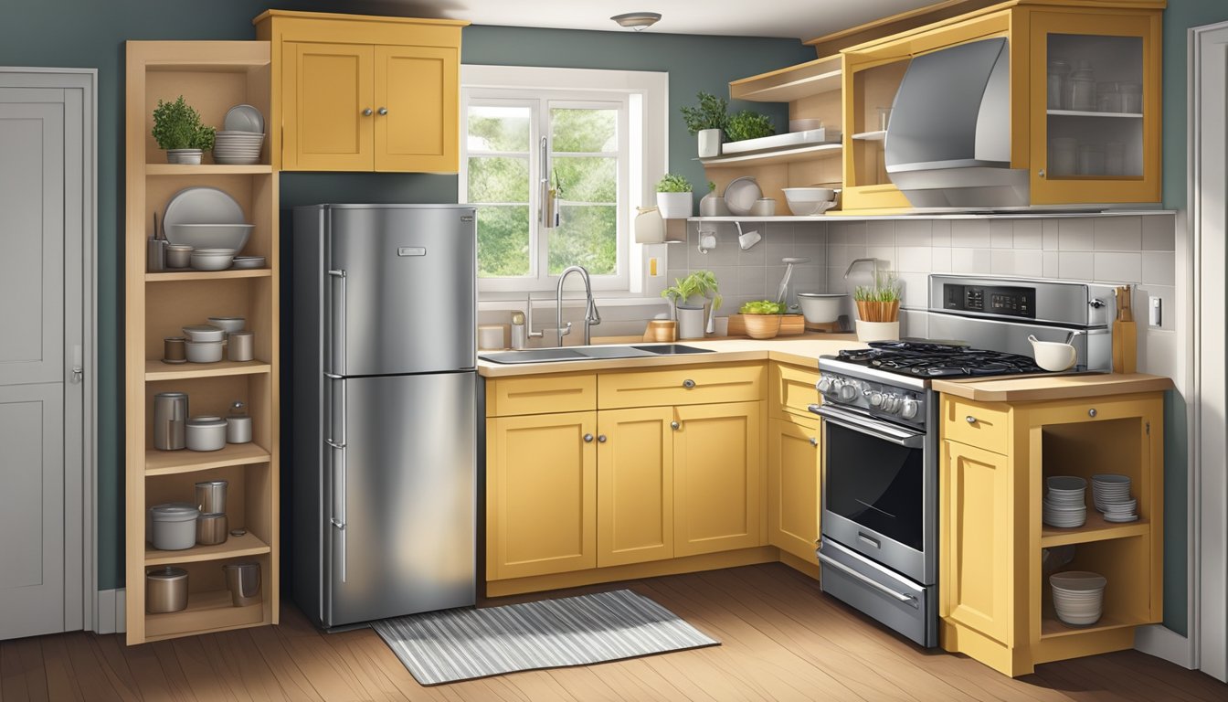 A compact kitchen with a stove, oven, and refrigerator squeezed into a small space