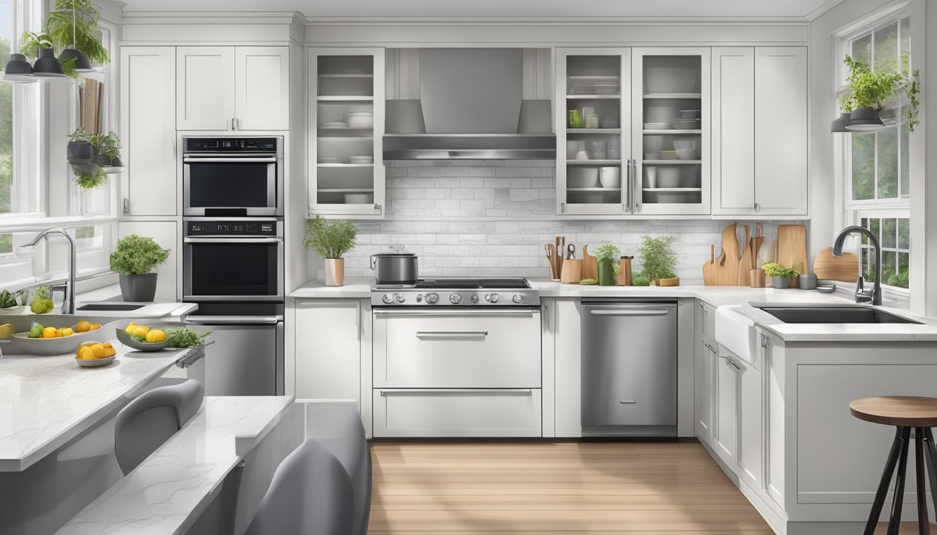 A compact kitchen with sleek, modern appliances neatly organized for efficient cleaning