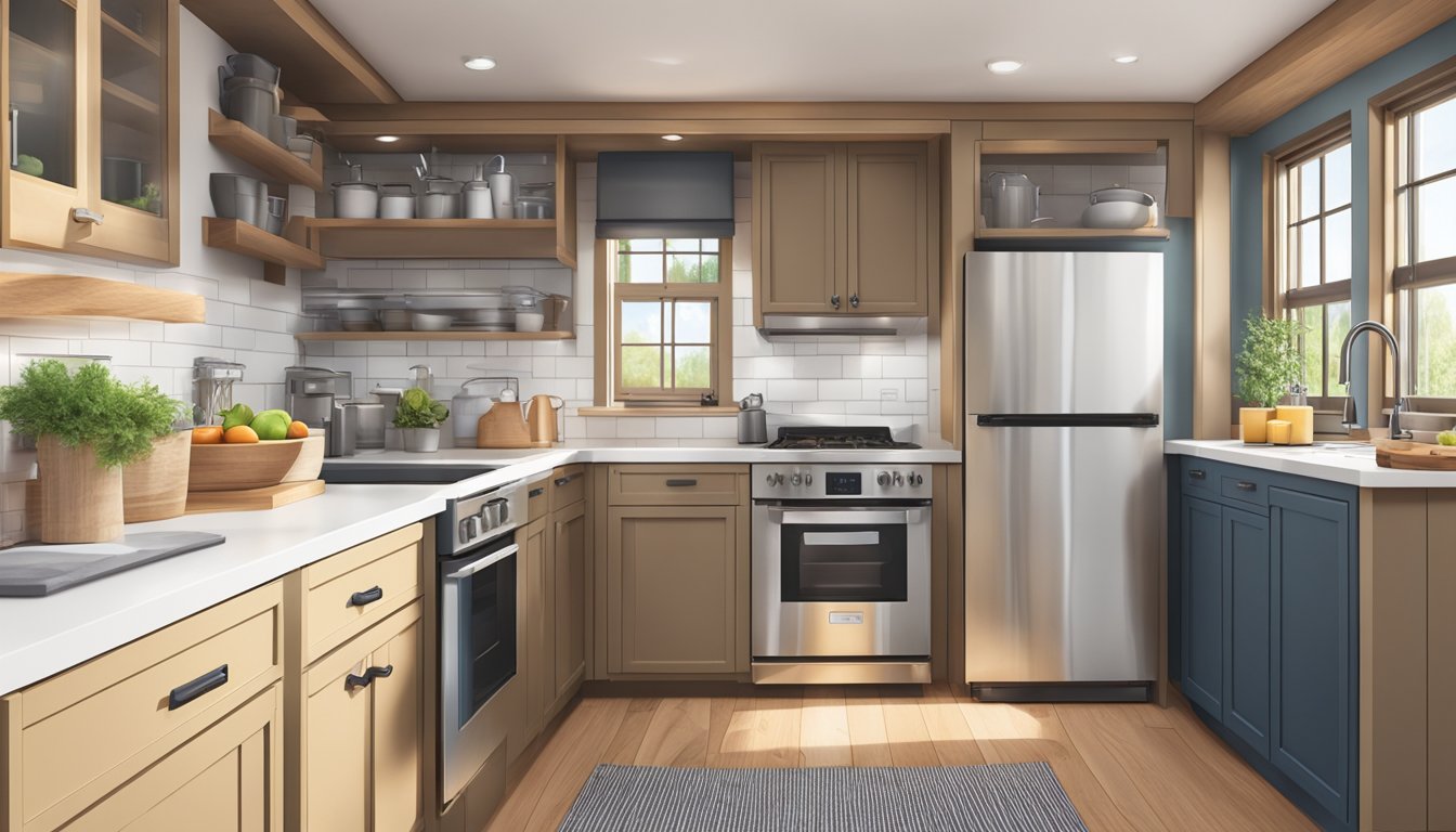 A cozy tiny house kitchen with small electric appliances on a countertop