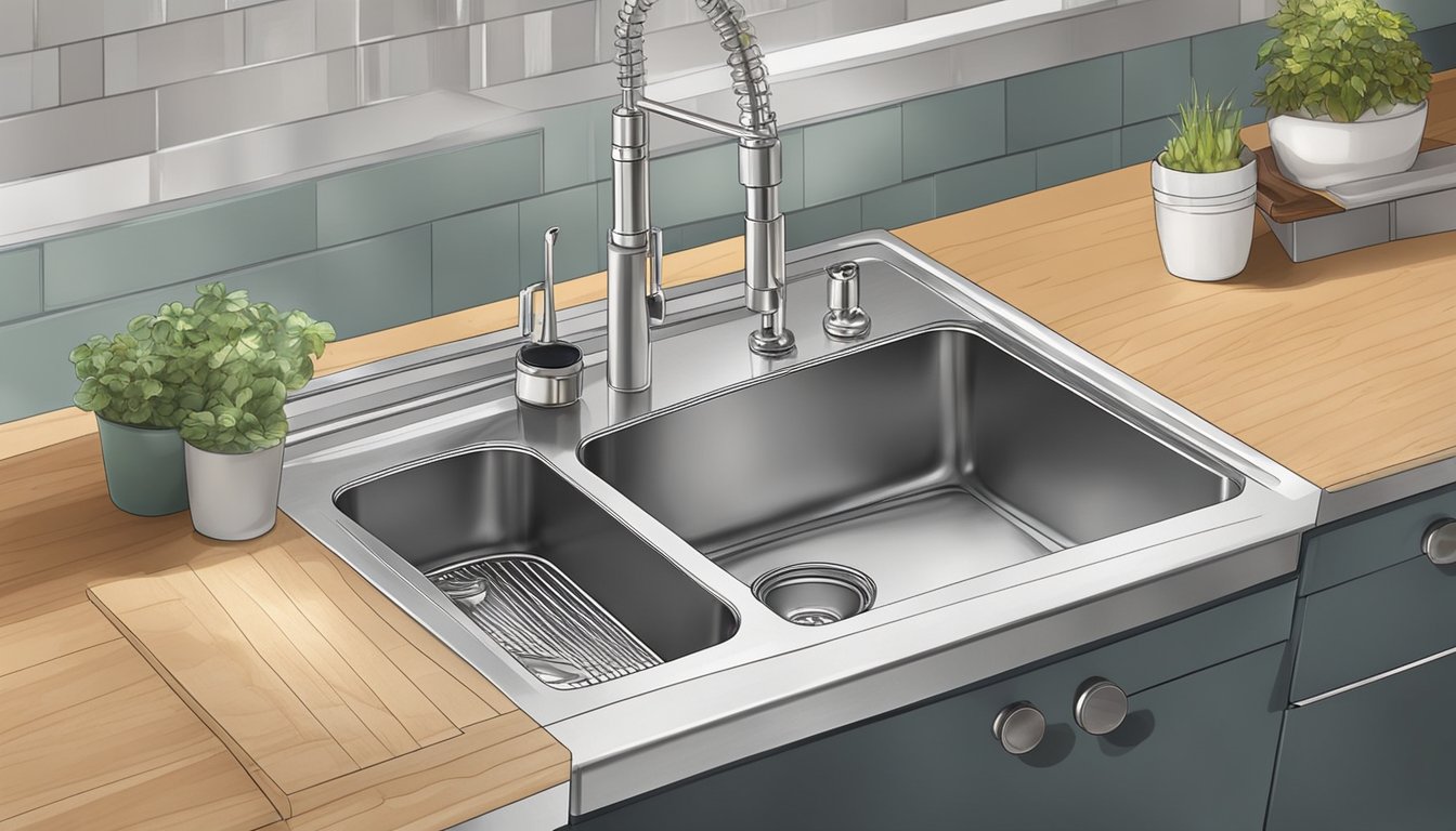 A tiny kitchen sink with various material options displayed on a countertop, including stainless steel, porcelain, and composite granite