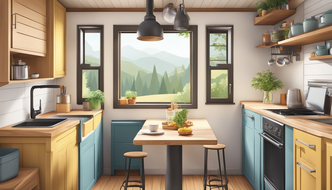 A cozy tiny house kitchen with a small table, compact appliances, and clever storage solutions