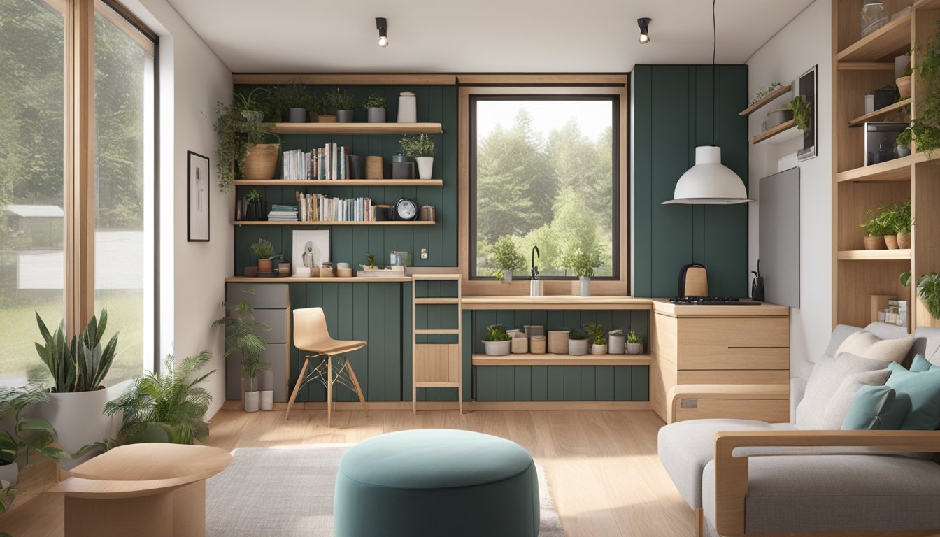 A cozy 80 m2 tiny house with smart storage solutions, featuring built-in shelves, hidden compartments, and multi-functional furniture