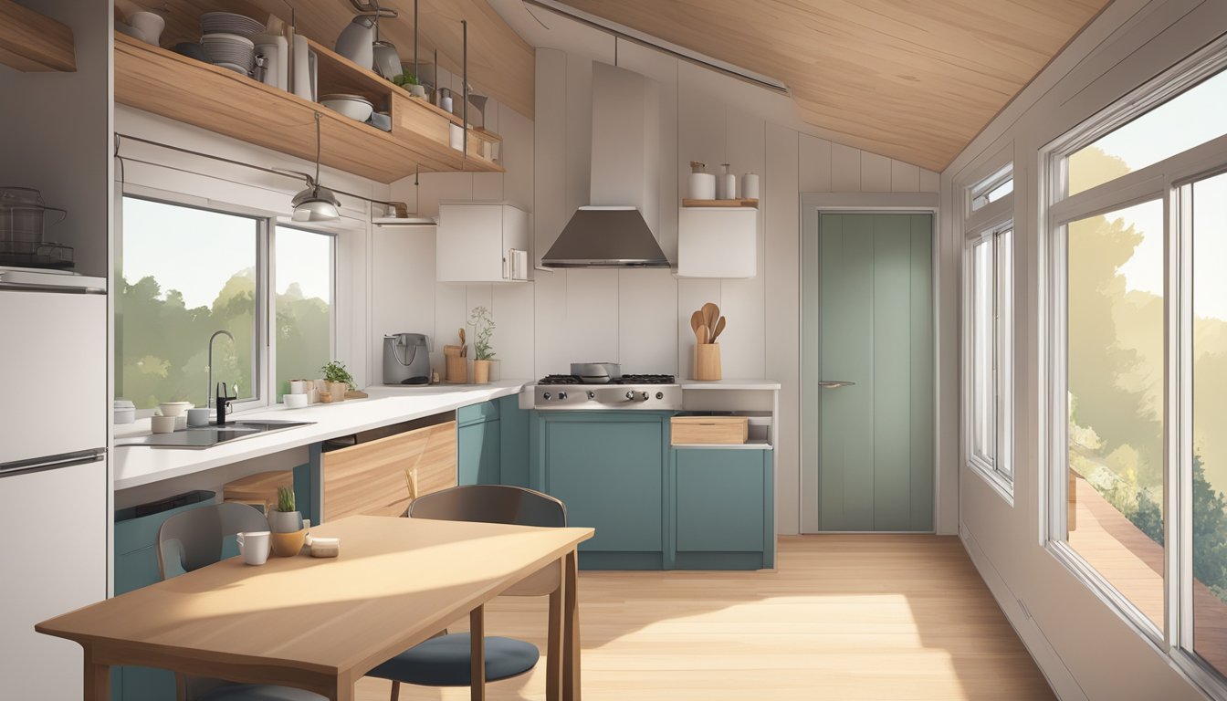 A small, minimalist kitchen table in a tiny house, with clean lines, efficient use of space, and natural light streaming in through a nearby window