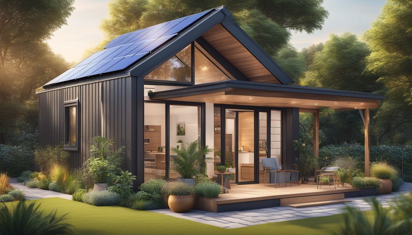 A cozy 80 m2 tiny house with solar panels, a rainwater collection system, and a lush garden surrounding the sustainable and energy-efficient home