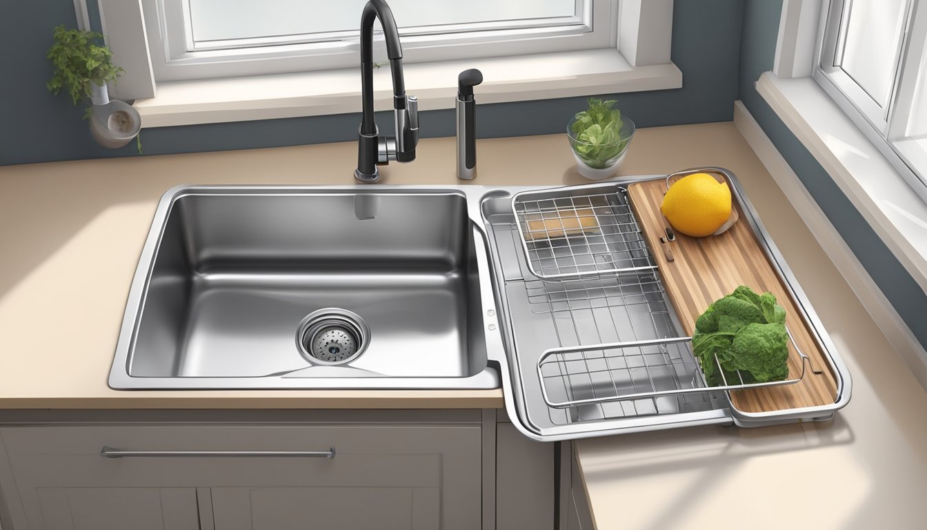 A compact kitchen sink with foldable faucet, cutting board, and drying rack, maximizing space in a small kitchen