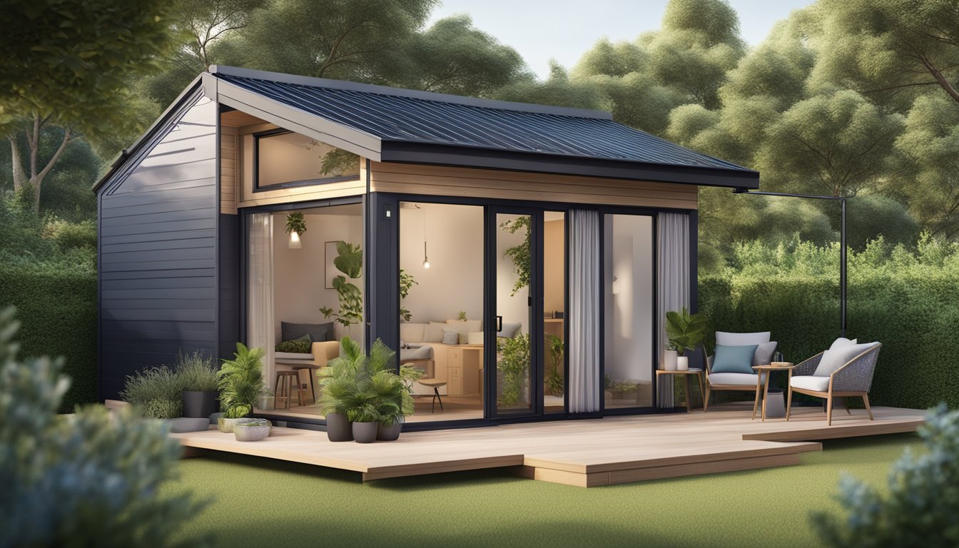 A cozy 80 m2 tiny house with a modern exterior design, surrounded by a lush garden and outdoor seating areas