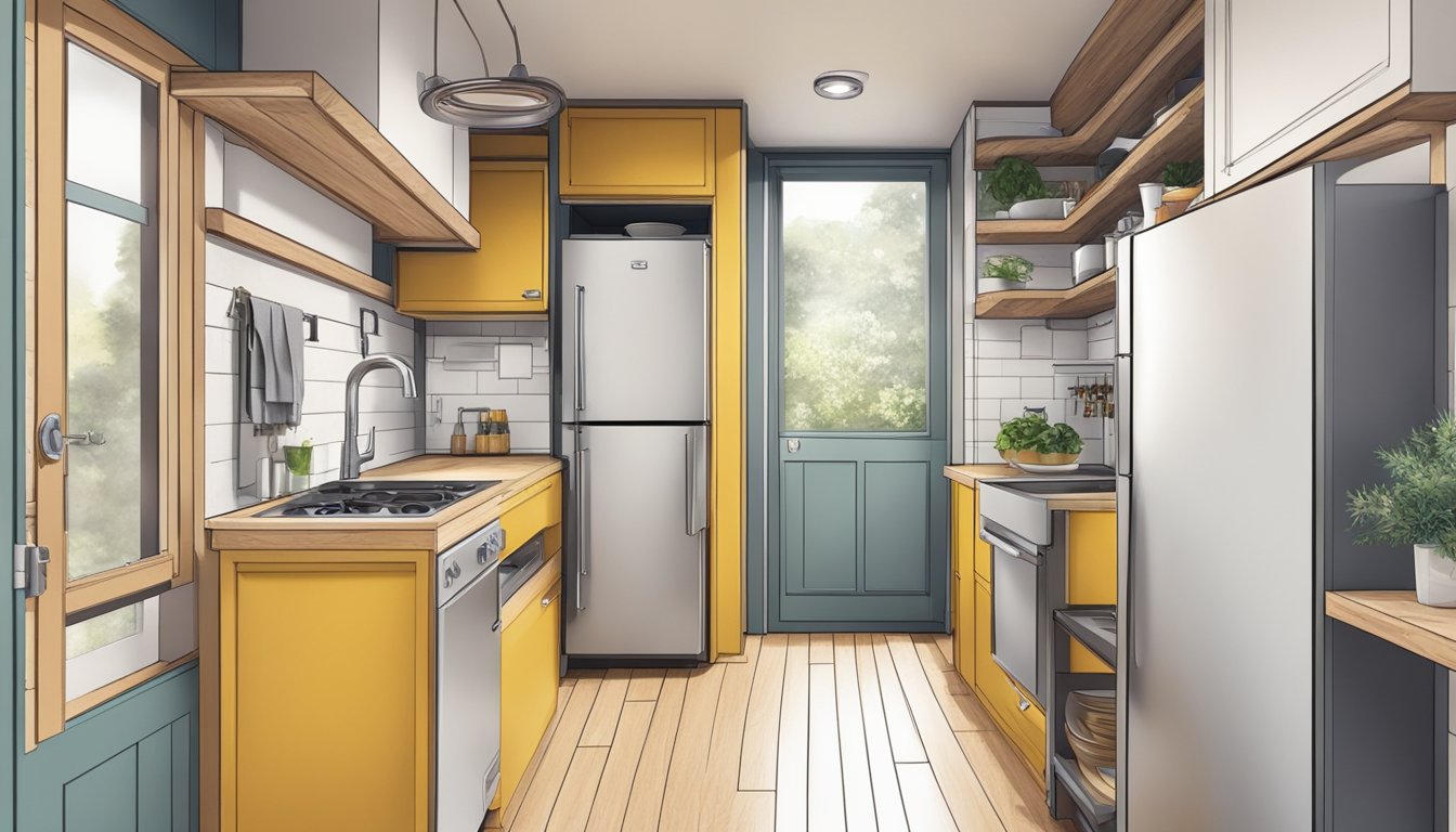 A small kitchen with a compact sink and minimal countertop space, efficiently laid out in a tiny house