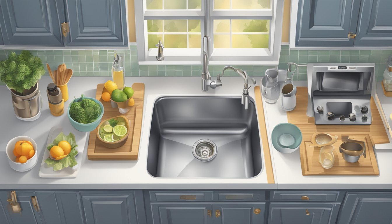 A tiny kitchen sink surrounded by complementary appliances and kitchenware