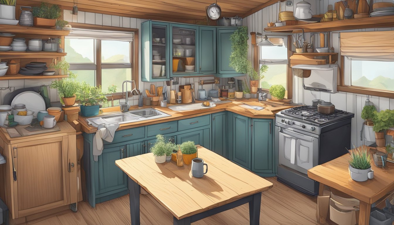 A cluttered kitchen table in a tiny house with materials and surfaces scattered about