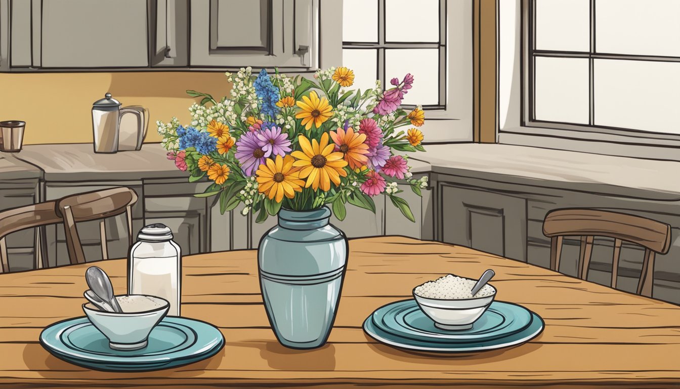 A small, rustic kitchen table adorned with colorful placemats, a vase of fresh flowers, and a set of decorative salt and pepper shakers