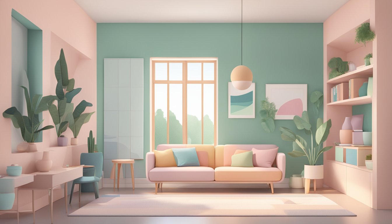 A small 90s house with pastel colors, geometric shapes, and minimalist furniture. A large window allows natural light to fill the space