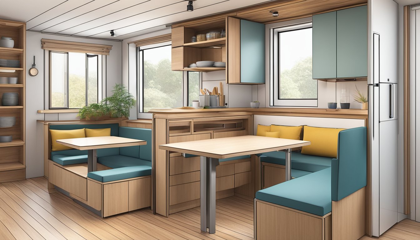 A tiny house kitchen table with foldable and extendable features, compact storage compartments, and built-in seating for two