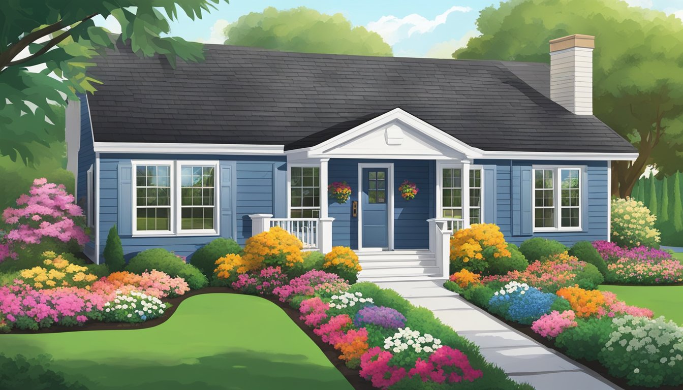 A small 90s house with vinyl siding and a shingled roof, surrounded by a neatly manicured lawn and a few colorful flower beds