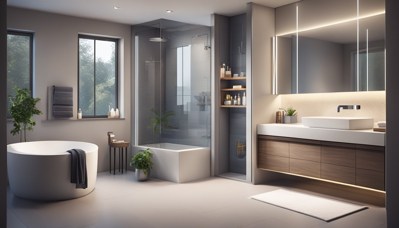 A sleek, modern bathroom with smart plumbing and ambient lighting, featuring space-saving design and minimalist decor