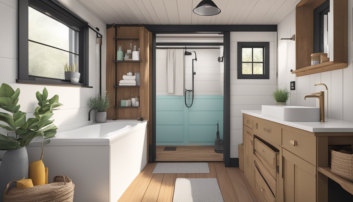 A tiny house bathroom with a small window, a sliding barn door, and minimalistic fixtures