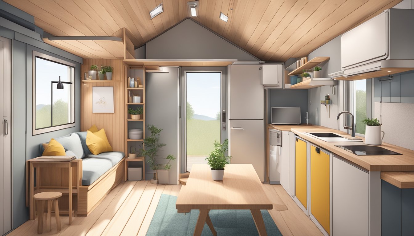 A cozy, minimalist tiny house interior with a fold-out table, a convertible sofa bed, and a compact kitchenette