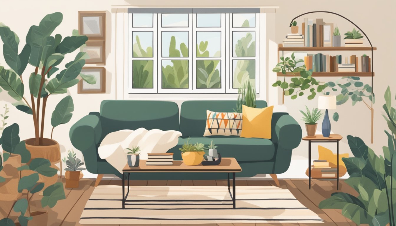 A cozy living room with a small sofa, a coffee table, and shelves displaying books and decorative items. A rug and throw pillows add warmth, while plants bring a touch of nature to the space