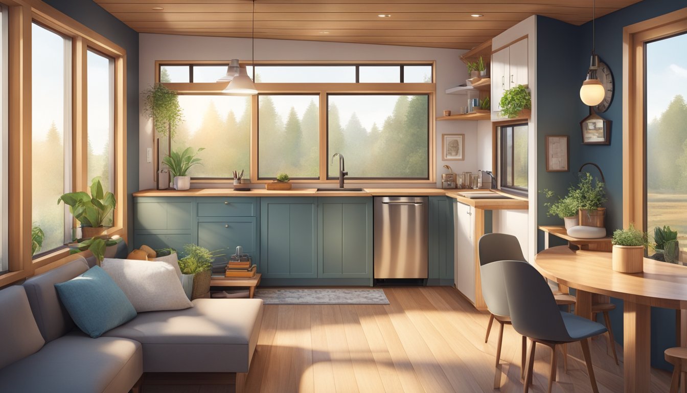 A cozy tiny house interior with innovative architectural elements, featuring space-saving furniture, modular storage, and natural light streaming through large windows