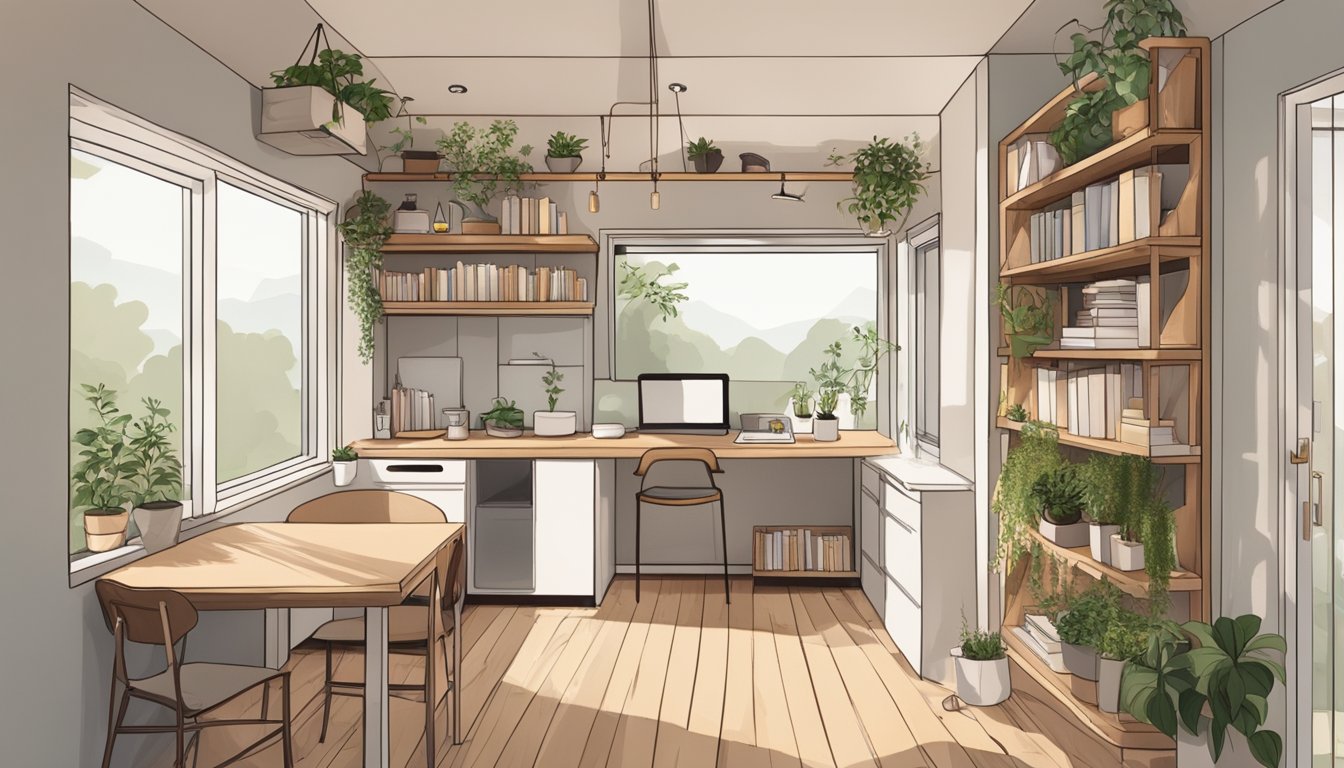 A cozy tiny home with minimalist decor: a fold-out table, hanging plants, and a built-in bookshelf with neatly arranged books and decorative items