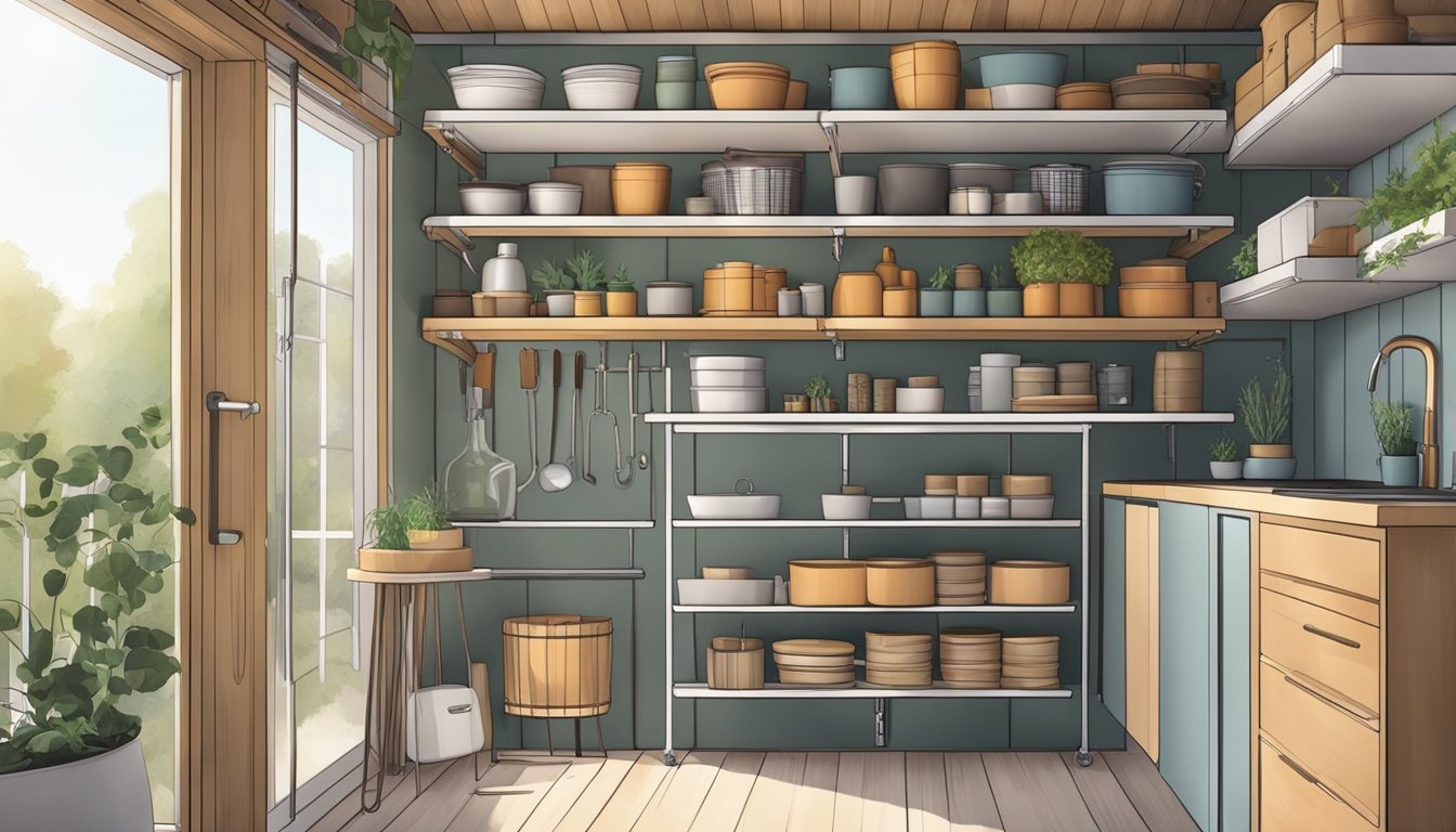 A small outdoor storage area with neatly organized shelves, hooks, and containers for maximizing space in a tiny house