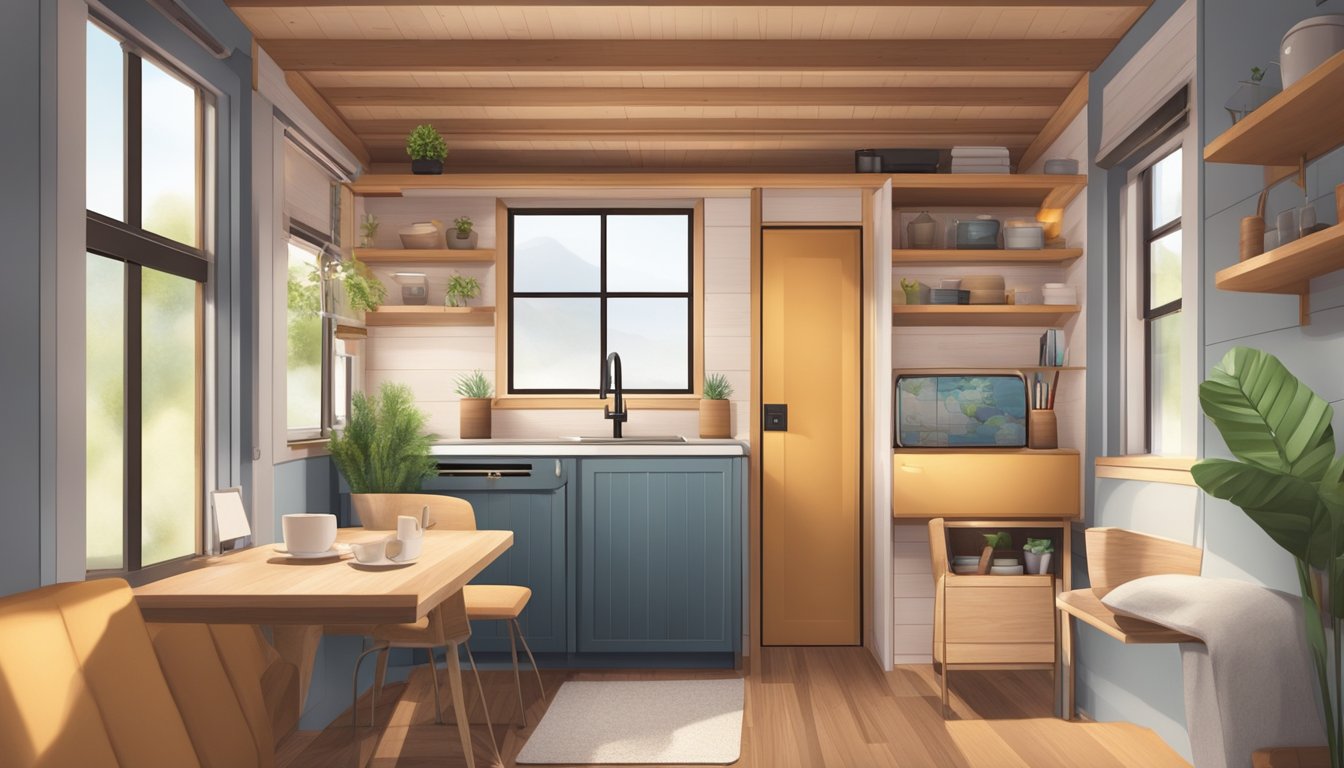 A cozy tiny house interior with compact furniture and stylish accessories, creating a warm and inviting atmosphere