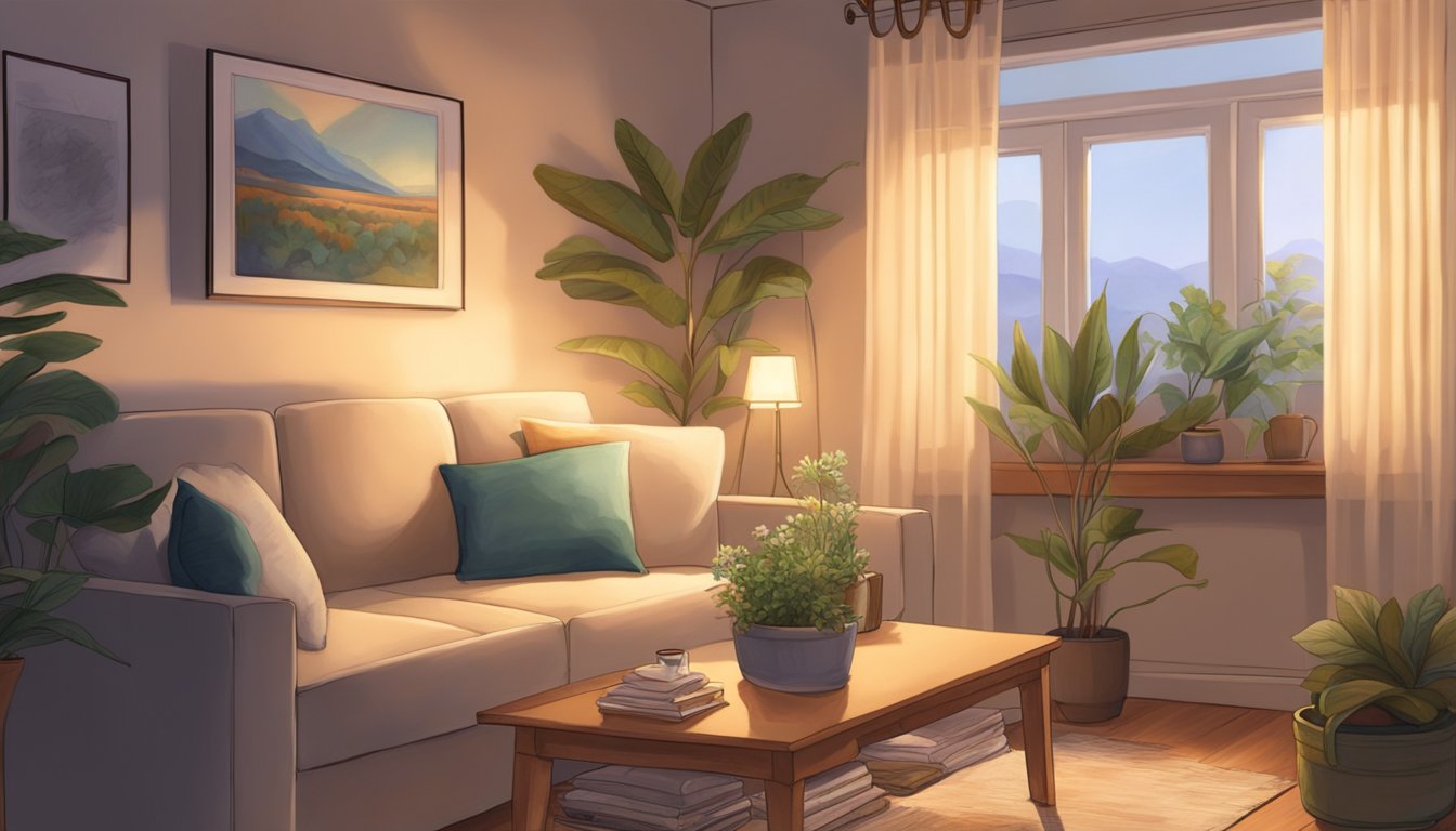 Soft, warm light filters through sheer curtains, casting a gentle glow on cozy furniture and plants in a tiny house. Subtle uplighting highlights artwork and creates a tranquil ambiance