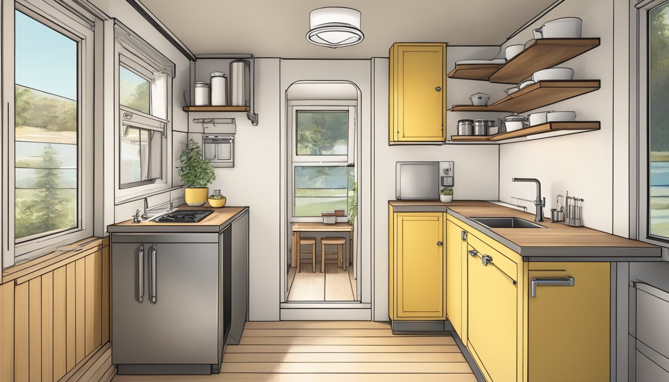 A compact kitchen with a small sink, gas stove, and mini fridge. Open shelving and a fold-down table maximize space in the tiny house