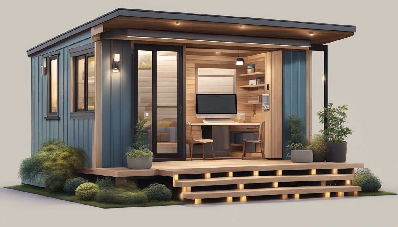 A cozy tiny house with modern accessories and technology, such as smart lighting, a sleek entertainment system, and a stylish charging station