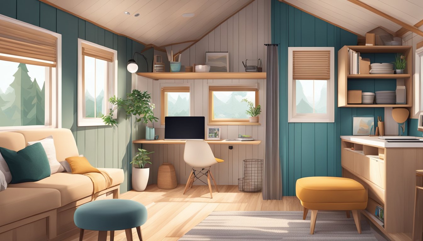 A cozy tiny house interior with stylish and functional accessories like compact furniture, storage solutions, and decor