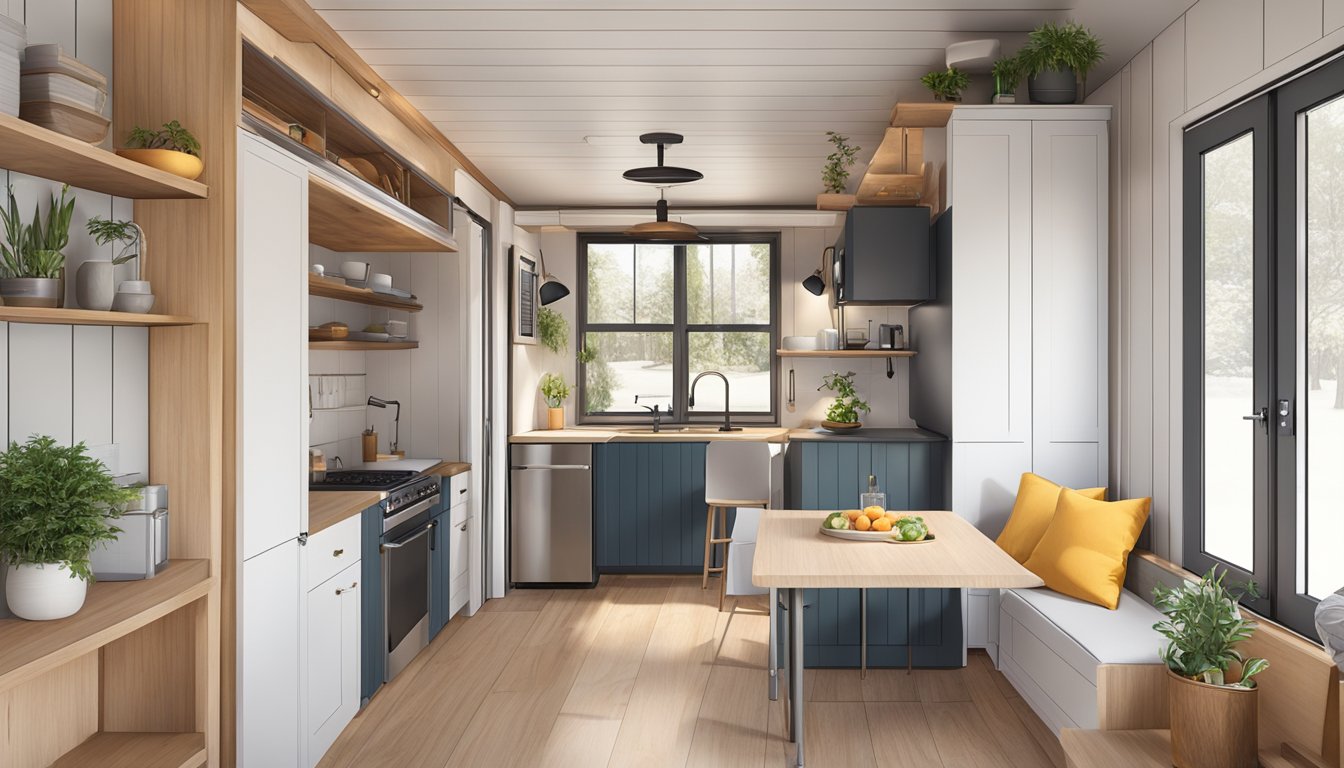 A cozy tiny house interior with sleek architectural features and smart additions like built-in storage and multifunctional furniture